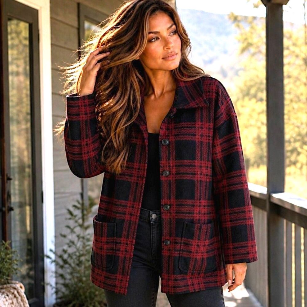 J Jill XL Petite Gorpcore Red Black Cabincore Plaid Jacket Cozy Button Heritage